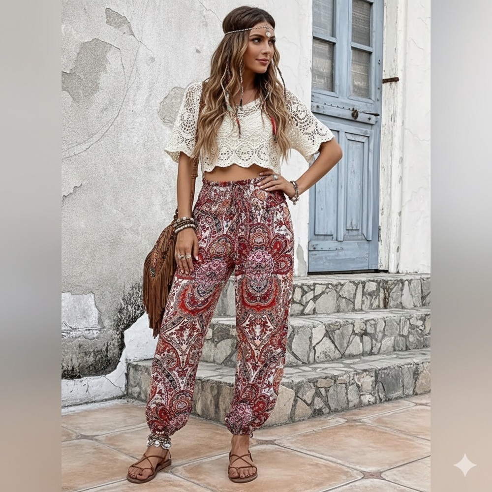 Boho Hippie Paisley Harem Pants Large Elastic Waist Festival Chic NWT